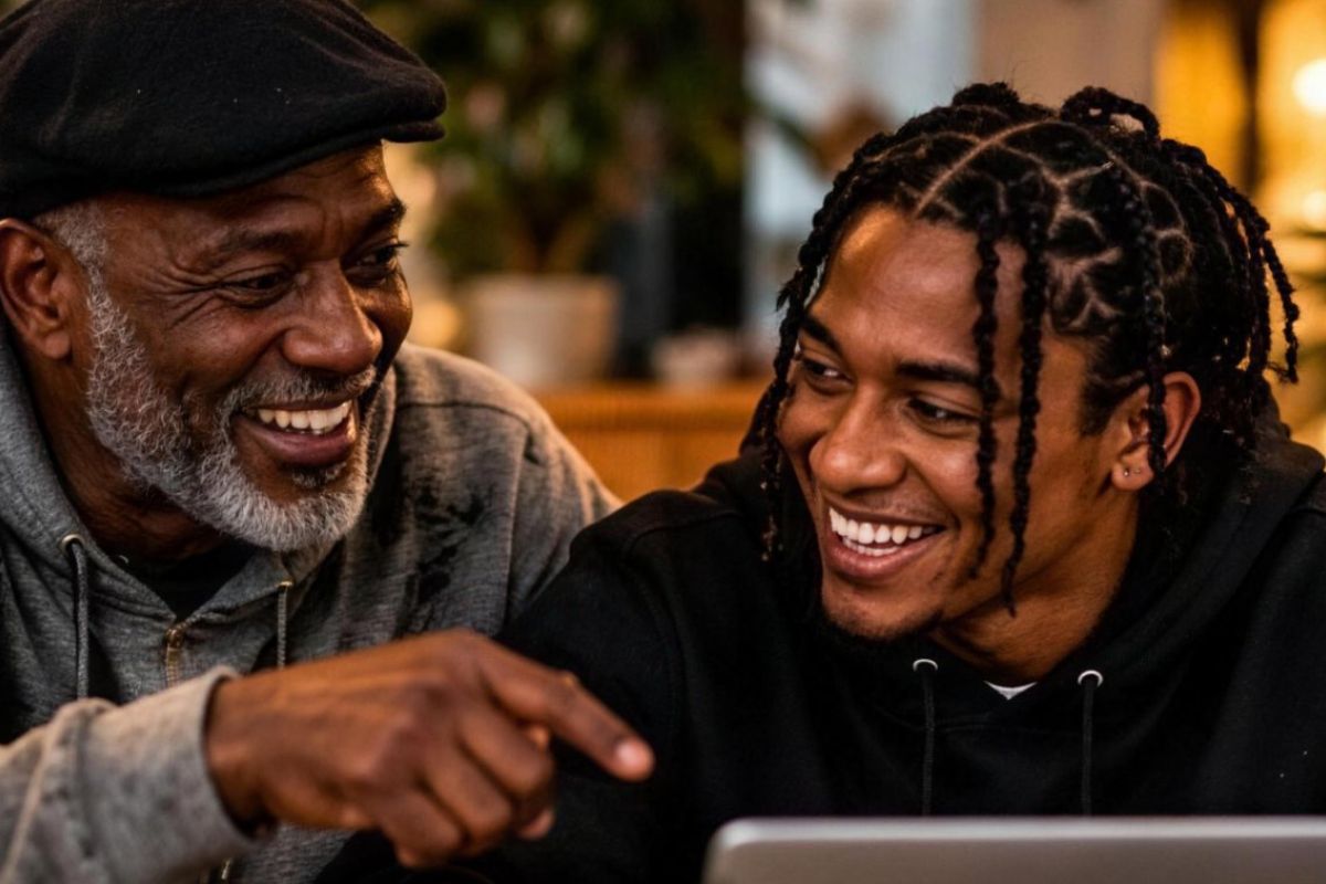 Opa en tiener kijken samen lachend naar een laptop
