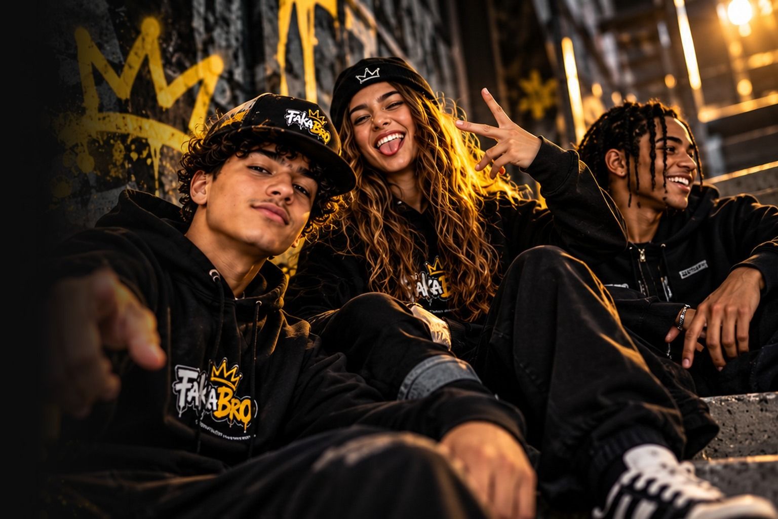 Drie jongeren in FakaBro-streetwear op een trap voor een graffitimuur