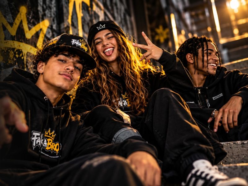 Drie jongeren in FakaBro-streetwear op een trap voor een graffitimuur