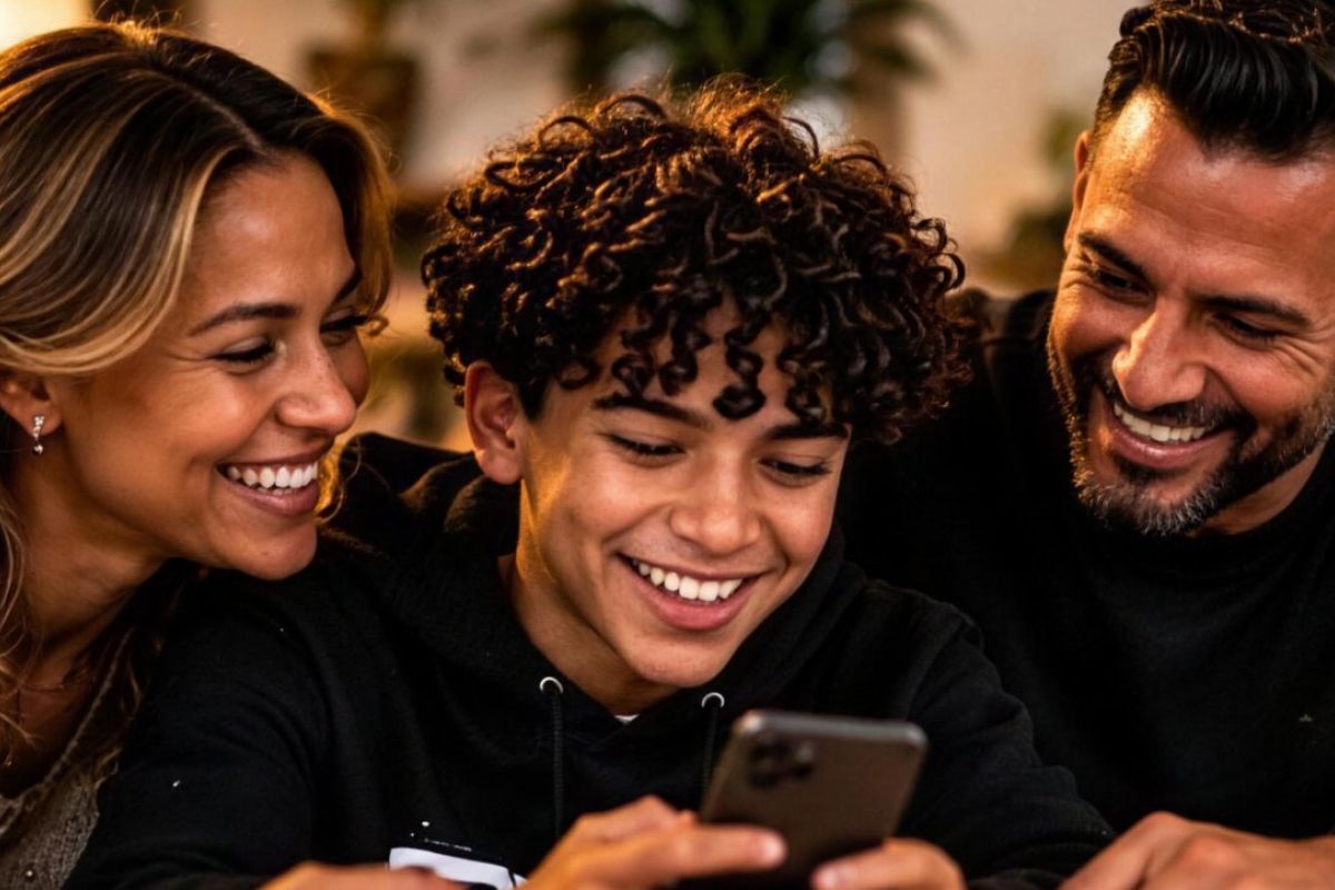Gezin van drie generaties lacht samen naar een telefoon